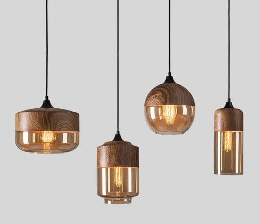 Nordic Vintage Wood & Glass Pendant Light