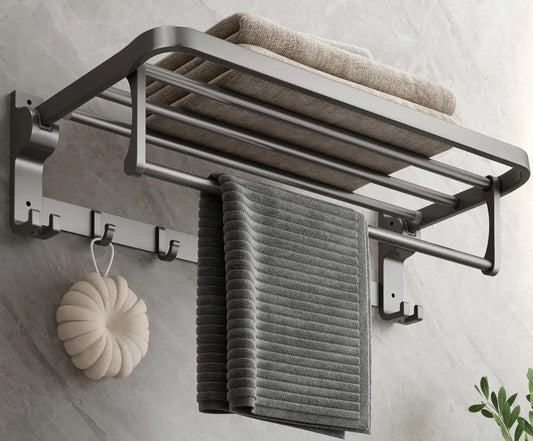 Modern Foldable Wall-Mounted Bathroom Shelf with Hooks