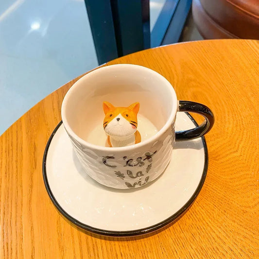 Adorable 3D Cat Ceramic Coffee Cup with Saucer