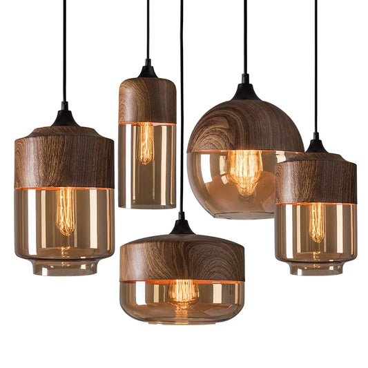 Nordic Vintage Wood & Glass Pendant Light