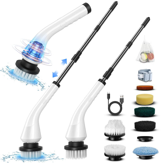 Electric Spin Scrubber with 8 Brush Heads & Extension Handle – Cordless