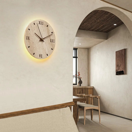 Yellow Travertine LED Wall Clock Lamp