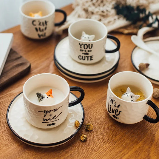 Adorable 3D Cat Ceramic Coffee Cup with Saucer